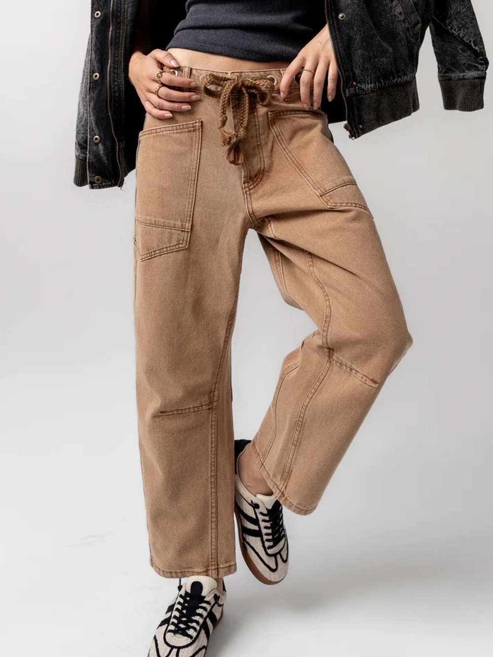 bohme Barrel Leg Drawstring Jeans in Tan